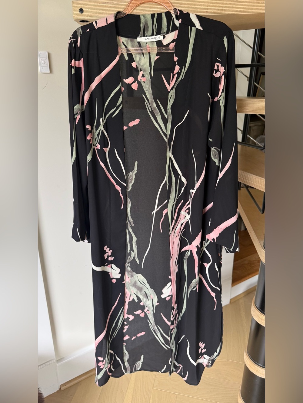 Caramela Black Kimono Cardigan with Pink & Sage Brushstroke Print